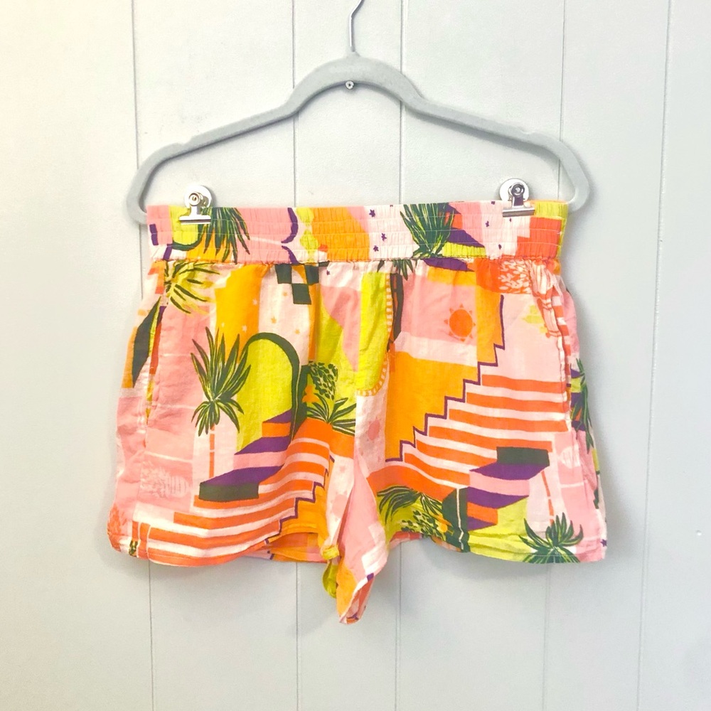 Haute Hippie Lounge PJ Shorts Colorful Tropical Village Novelty 100%Cotton Large